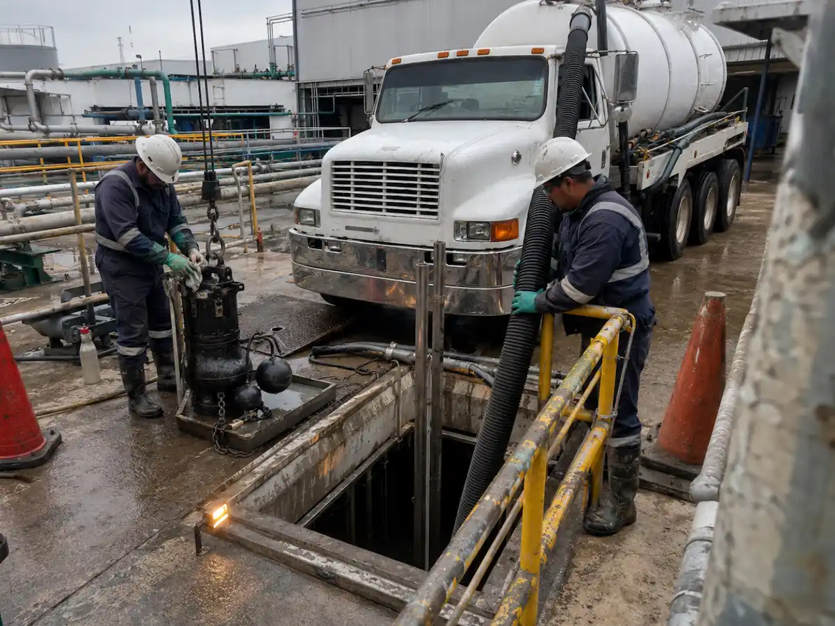 Camión Vactor estacionado frente a un fraccionamiento con la manguera de succión tendida hacia el registro durante un desazolve en Emiliano Zapata